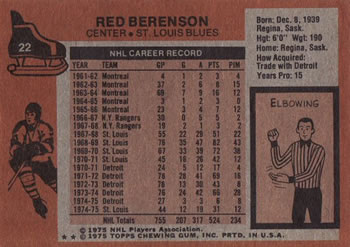 1975-76 Topps #22 Red Berenson Back