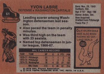 1975-76 Topps #61 Yvon Labre Back