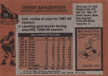 1975-76 Topps #73 Derek Sanderson Back