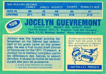 1976-77 O-Pee-Chee #108 Jocelyn Guevremont Back