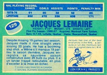 1976-77 O-Pee-Chee #129 Jacques Lemaire Back