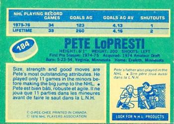 1976-77 O-Pee-Chee #184 Pete LoPresti Back