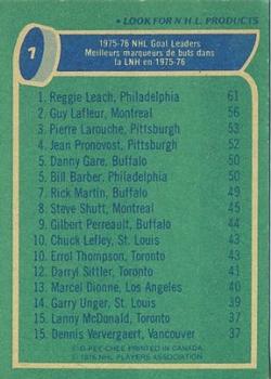 1976-77 O-Pee-Chee #1 '75-'76 Leaders: Goals (Reggie Leach / Guy Lafleur / Pierre Larouche) Back