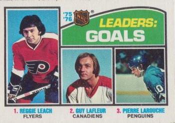 1976-77 O-Pee-Chee #1 '75-'76 Leaders: Goals (Reggie Leach / Guy Lafleur / Pierre Larouche) Front