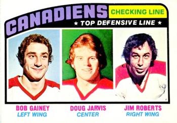 1976-77 O-Pee-Chee #217 Checking Line (Bob Gainey / Doug Jarvis / Jim Roberts) Front