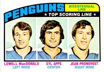 1976-77 O-Pee-Chee #218 Bicentennial Line (Lowell MacDonald / Syl Apps / Jean Pronovost) Front