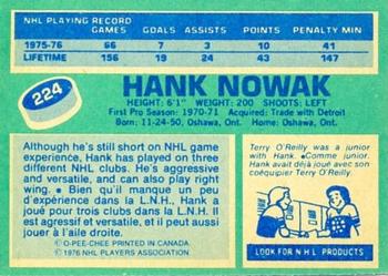 1976-77 O-Pee-Chee #224 Hank Nowak Back