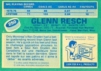 1976-77 O-Pee-Chee #250 Glenn Resch Back