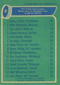 1976-77 O-Pee-Chee #2 '75'-76 Leaders: Assists (Bobby Clarke / Peter Mahovlich / Guy Lafleur / Gil Perreault / Jean Ratelle) Back