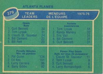 1976-77 O-Pee-Chee #379 Atlanta Flames Team Leaders (Curt Bennett / Tom Lysiak / Pat Quinn / Claude St. Sauveur) Back