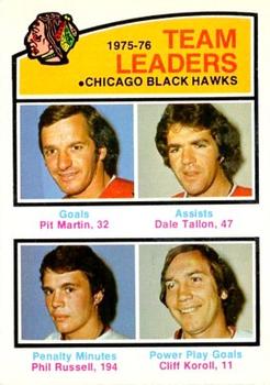 1976-77 O-Pee-Chee #382 Chicago Blackhawks Team Leaders (Pit Martin / Dale Tallon / Phil Russell / Cliff Koroll) Front