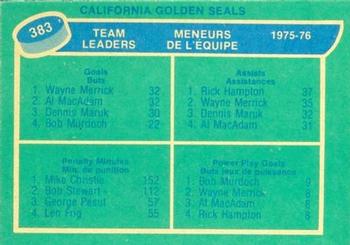 1976-77 O-Pee-Chee #383 California Golden Seals Team Leaders (Wayne Merrick / Al MacAdam / Rick Hampton / Mike Christie / Bob Murdoch) Back
