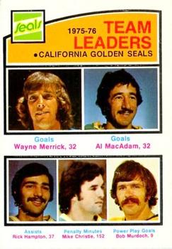 1976-77 O-Pee-Chee #383 California Golden Seals Team Leaders (Wayne Merrick / Al MacAdam / Rick Hampton / Mike Christie / Bob Murdoch) Front