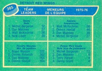 1976-77 O-Pee-Chee #385 Detroit Red Wings Team Leaders (Michel Bergeron / Walt McKechnie / Bryan Watson) Back