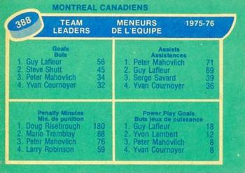 1976-77 O-Pee-Chee #388 Montreal Canadiens Team Leaders (Guy Lafleur / Peter Mahovlich / Doug Risebrough) Back