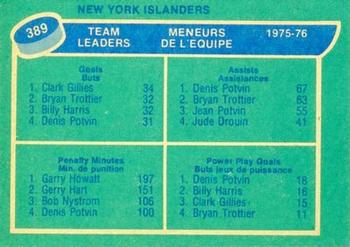1976-77 O-Pee-Chee #389 New York Islanders Team Leaders (Clark Gillies / Denis Potvin / Garry Howatt) Back