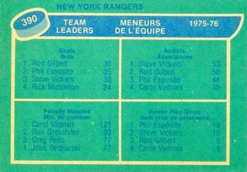 1976-77 O-Pee-Chee #390 New York Rangers (Rod Gilbert / Steve Vickers / Carol Vadnais / Phil Esposito) Back