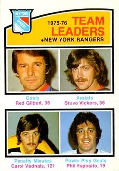 1976-77 O-Pee-Chee #390 New York Rangers (Rod Gilbert / Steve Vickers / Carol Vadnais / Phil Esposito) Front