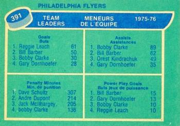 1976-77 O-Pee-Chee #391 Philadelphia Flyers Team Leaders (Reggie Leach / Bobby Clarke / Dave Schultz / Bill Barber) Back