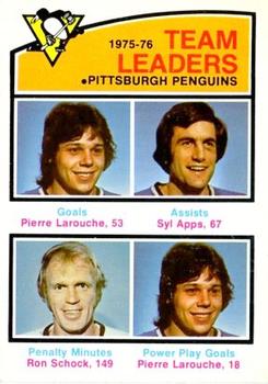1976-77 O-Pee-Chee #392 Pittsburgh Penguins Team Leaders (Pierre Larouche / Syl Apps / Ron Schock) Front