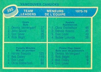 1976-77 O-Pee-Chee #395 Vancouver Canucks Team Leaders (Dennis Ververgaert / Chris Oddleifson / Dennis Kearns / Harold Snepsts) Back