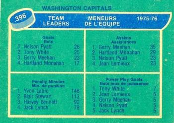 1976-77 O-Pee-Chee #396 Washington Capitals Team Leaders (Nelson Pyatt / Gerry Meehan / Yvon Labre / Tony White) Back