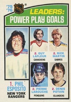 1976-77 O-Pee-Chee #5 '75'-76 Leaders: Power Play Goals (Phil Esposito / Guy Lafleur / Rick Martin / Pierre Larouche / Denis Potvin) Front