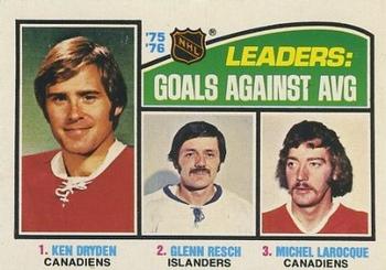 1976-77 O-Pee-Chee #6 '75'-76 Leaders: Goals Against Avg (Ken Dryden / Glenn Resch / Michel Larocque) Front