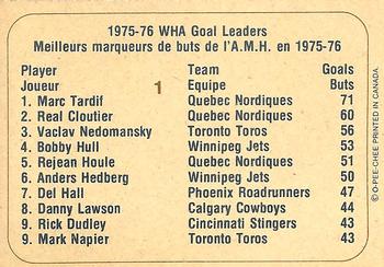 1976-77 O-Pee-Chee WHA #1 1975-76 WHA Goal Leaders (Marc Tardif / Real Cloutier / Vaclav Nedomansky) Back