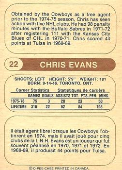 1976-77 O-Pee-Chee WHA #22 Chris Evans Back