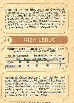 1976-77 O-Pee-Chee WHA #41 Rich Leduc Back