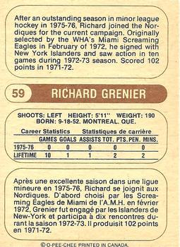 1976-77 O-Pee-Chee WHA #59 Richard Grenier Back