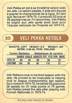 1976-77 O-Pee-Chee WHA #88 Veli-Pekka Ketola Back