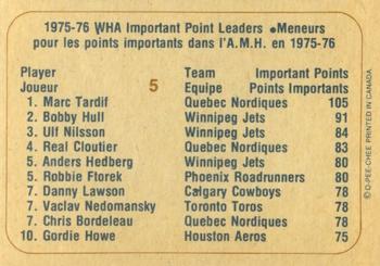 1976-77 O-Pee-Chee WHA #5 1975-76 WHA Important Point Leaders (Marc Tardif / Bobby Hull / Ulf Nilsson) Back