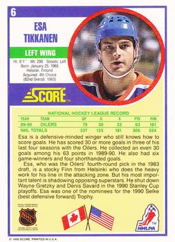 1990-91 Score Hottest and Rising Stars #6 Esa Tikkanen Back