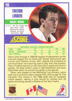 1990-91 Score Hottest and Rising Stars #16 Trevor Linden Back