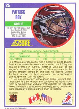 1990-91 Score Hottest and Rising Stars #25 Patrick Roy Back