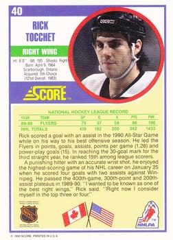 1990-91 Score Hottest and Rising Stars #40 Rick Tocchet Back