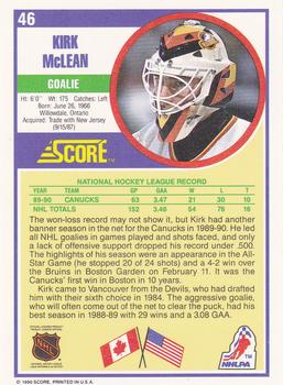 1990-91 Score Hottest and Rising Stars #46 Kirk McLean Back