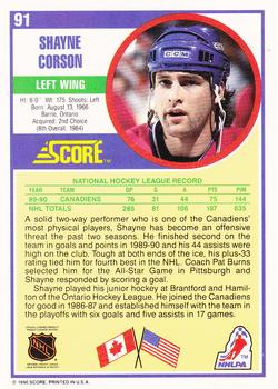 1990-91 Score Hottest and Rising Stars #91 Shayne Corson Back
