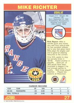 1990-91 Score Young Superstars #27 Mike Richter Back