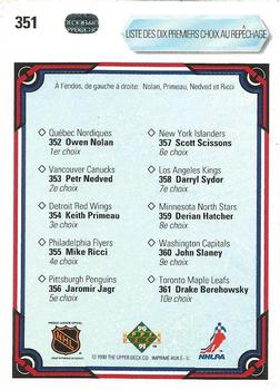 1990-91 Upper Deck French #351 Top Ten Draft Picks Checklist (Owen Nolan / Keith Primeau / Petr Nedved / Mike Ricci) Back