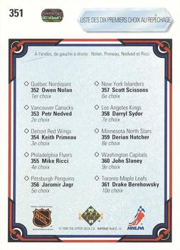 1990-91 Upper Deck French #351 Top Ten Draft Picks Checklist (Owen Nolan / Keith Primeau / Petr Nedved / Mike Ricci) Back