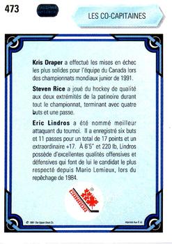 1990-91 Upper Deck French #473 Canada's Captains (Kris Draper / Steven Rice / Eric Lindros) Back