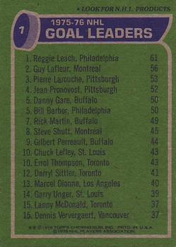 1976-77 Topps #1 '75-'76 Leaders: Goals (Reggie Leach / Guy Lafleur / Pierre Larouche) Back