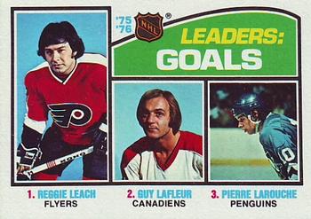 1976-77 Topps #1 '75-'76 Leaders: Goals (Reggie Leach / Guy Lafleur / Pierre Larouche) Front