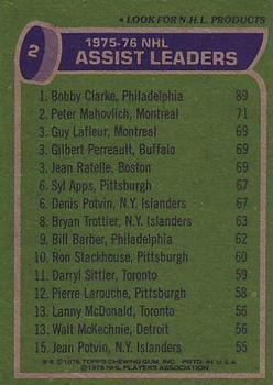 1976-77 Topps #2 '75'-76 Leaders: Assists (Bobby Clarke / Peter Mahovlich / Guy Lafleur / Gil Perreault / Jean Ratelle) Back