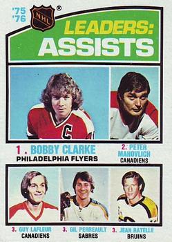 1976-77 Topps #2 '75'-76 Leaders: Assists (Bobby Clarke / Peter Mahovlich / Guy Lafleur / Gil Perreault / Jean Ratelle) Front