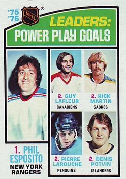 1976-77 Topps #5 '75'-76 Leaders: Power Play Goals (Phil Esposito / Guy LaFleur / Rick Martin / Pierre Larouche / Denis Potvin) Front