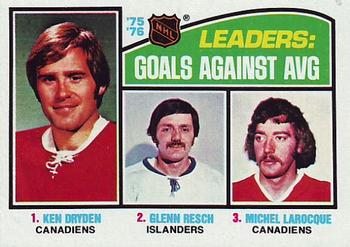1976-77 Topps #6 '75'-76 Leaders: Goals Against Avg (Ken Dryden / Glenn Resch / Michel Larocque) Front